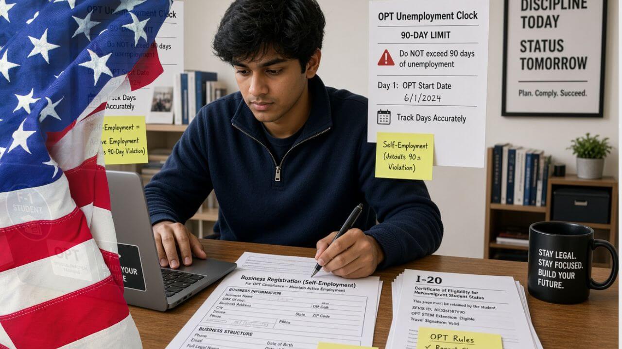 Can F-1 Student Visa Holders on OPT Start a Business to Avoid the 90-Day Unemployment Violation and How Does OPT Self-Employment Actually Work?